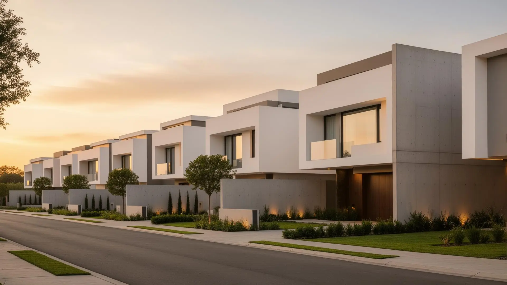 Modern luxury homes at golden hour